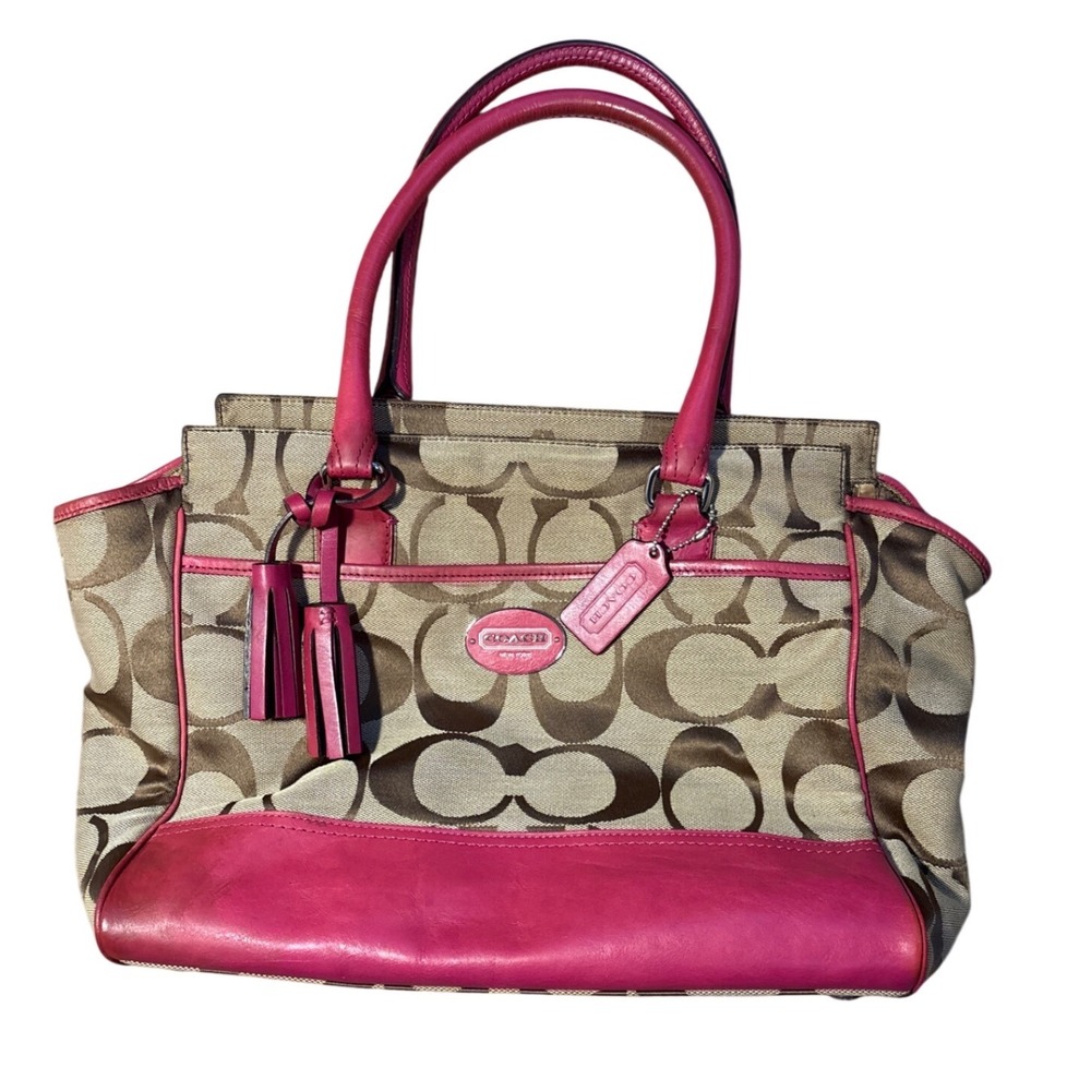 Vintage Coach Signature Canvas Carryall Tote Bag Pink Leather Trim Satchel 21157